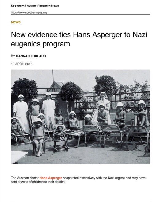 Historical photo of children with nurses and doctors, accompanying an article titled 'New evidence ties Hans Asperger to Nazi eugenics program' by Hannah Furfaro, dated April 19, 2018.