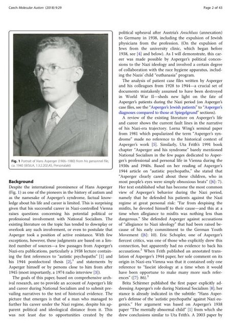 Black and white portrait of Hans Asperger from his personnel file, 1940. Text surrounding the image discusses Asperger's contributions to autism research and his connections to Nazi ideology