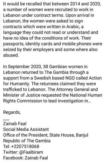 Statement from Gambian National assemby thanking Lovette Jallow