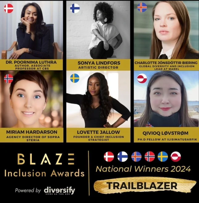 Group photo of the National Winners for The Blaze Inclusion Awards 2024 in the Trailblazer category. From left to right: Dr. Poornima Luthra (Denmark), Sonya Lindfors (Finland), Charlotte Jónsdóttir Biering (Iceland), Miriam Hardarson (Norway), Lovette Jallow (Sweden), and Qivioq Løvstrøm (Greenland). Lovette Jallow stands with one arm raised against a pillar, dressed in black.